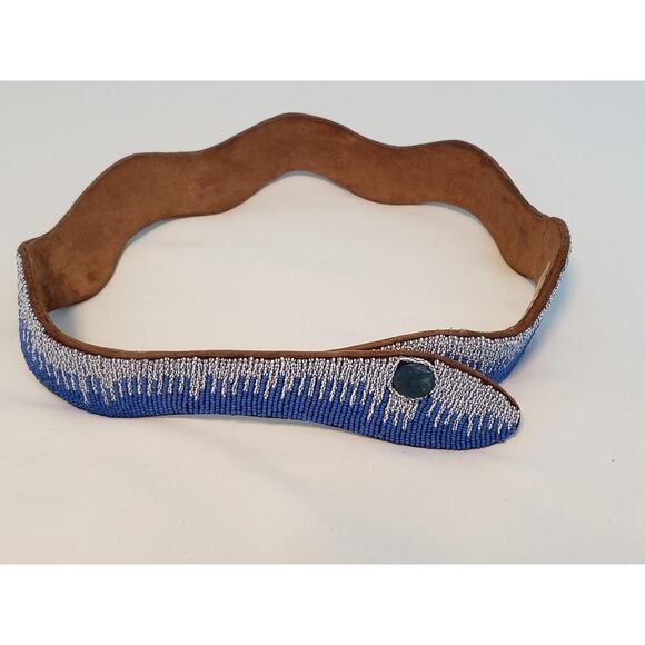 Vintage Snake Belt Hand Beaded Blue White Beads Genuine Leather Made in Kenya main image 7